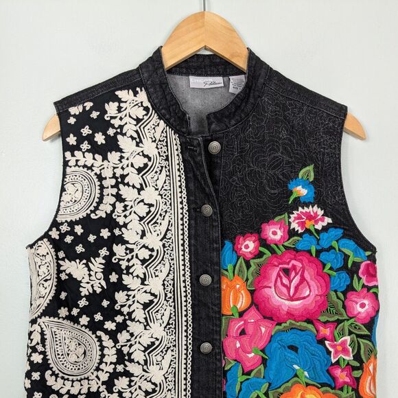 Embroidered Denim Vest Floral M Chicos Y2K Boho Western Festival Colorful Black - Picture 1 of 9